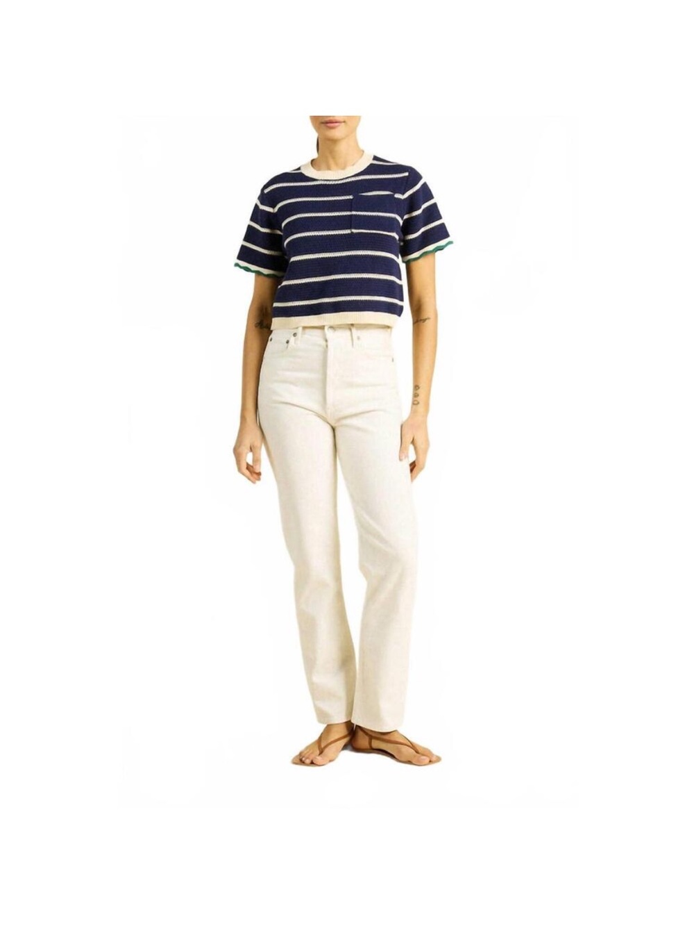 TROVATA Jules Sweater T-shirt in Navy and Antique White Stripe Medium